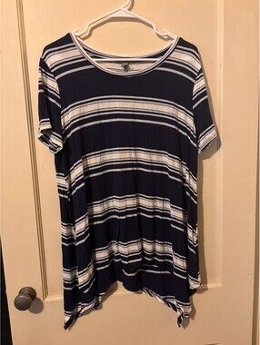 Peace & Pearls Navy and White Striped Short Sleeve Tunic Top XL